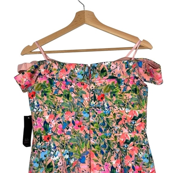 AIDAN MATTOX FLORAL OFF THE SHOULDER PRINTED CREPE SHEATH COCKTAIL DRESS - Picture 8 of 15